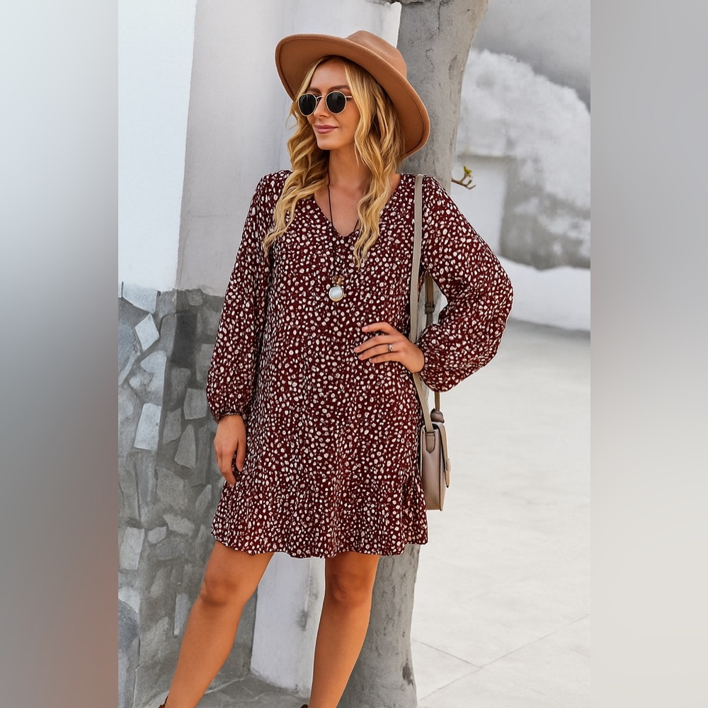 Entro Long Sleeves Burgundy Leopard Print Dress, Size: S